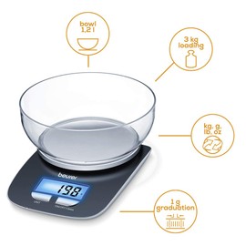 Beurer KS25 Digital Kitchen Scale | With 1.2l weighing bowl | Tare weighing function | Adjustable between kg, g, lb, oz | 3kg weight capacity