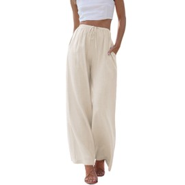 Himosyber Women Cotton Linen Pants Wide Leg High Waist Flowy Summer Beach Drawstring Pant Trouser (Apricot-M)