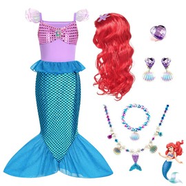 Mineup Little Mermaid Ariel Costume Kids with Accessories, 8PCS Little Girls Mermaid Fancy Dress Up Ariel Outfit Princess Mermaid Dress for Girls Mermaid Birthday Decorations 5-6 Years (120cm)