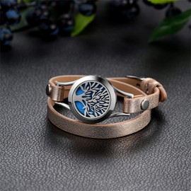 OIDEA Aromatherapy Bracelet Tree of Life Pattern Double Flap Leather with 10 Felt Pads Black Gold Silver, Stainless Steel Leather Stainless steel