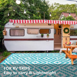 Outdoor Patio Plastic Straw Rug - 8'x10' Outdoor Camping Rug Waterproof Reversible, Area Carpet Patios Clearance RV, Outside Porch Balcony Deck for Camper, Blue & White