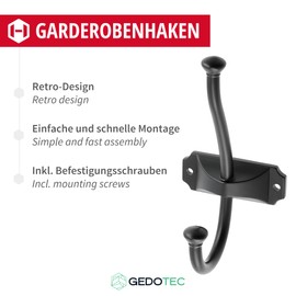 Gedotec Metal Coat Hooks | Pack of 10 | Surface: Black Matt - Length: 134 mm - Width: 66.5 mm | Anton | Vintage Style | Coat Hooks for Home | Coat Rack