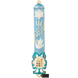 Matashi - Mezuzah de paloma azul pintada a mano de 5.75 pulgadas, adornada con detalles dorados y estrella de David con cristales, esmalte pintado a mano, decoración de pared para la inauguración de