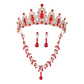 Geurlev - Tiaras y coronas de vidrio para mujeres y niñas, tiara de boda con joyas para novia, cumpleaños, cosplay (GE1001) (juego rojo dorado)