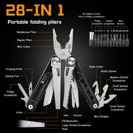 28-in-1 Multitool Pliers with Scissors, Rope Cutters,Saw, Screwdrivers,Can Opener,File,Carrying Pouch,Stainless Steel Pocket Multi-Tool Ideal for Camping Survival Toolkit and Gift for him
