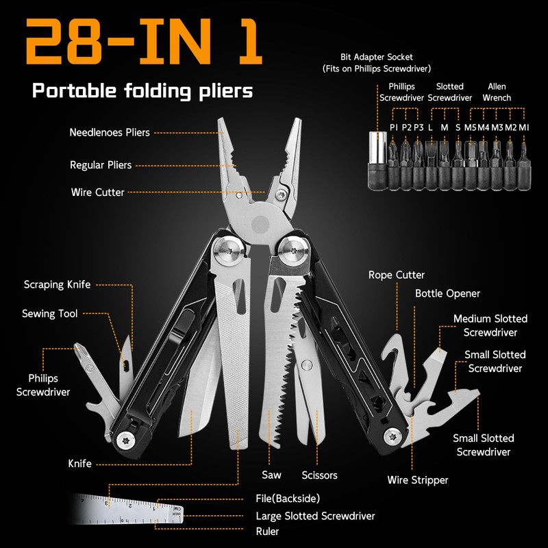 28-in-1 Multitool Pliers with Scissors, Rope Cutters,Saw, Screwdrivers,Can Opener,File,Carrying Pouch,Stainless