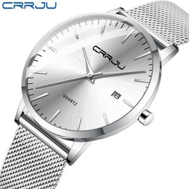 CRRJU Men's Watches Ultra Thin Fashion Quartz Waterproof for Watch Men,7MM Silver Stainsteel Steel Mesh Band Wristwatches