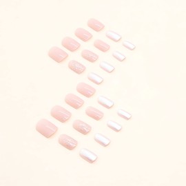 IMSOHOT Short Square Press on Nails, White French Nude Pearlescent with Glitter, 24PCS