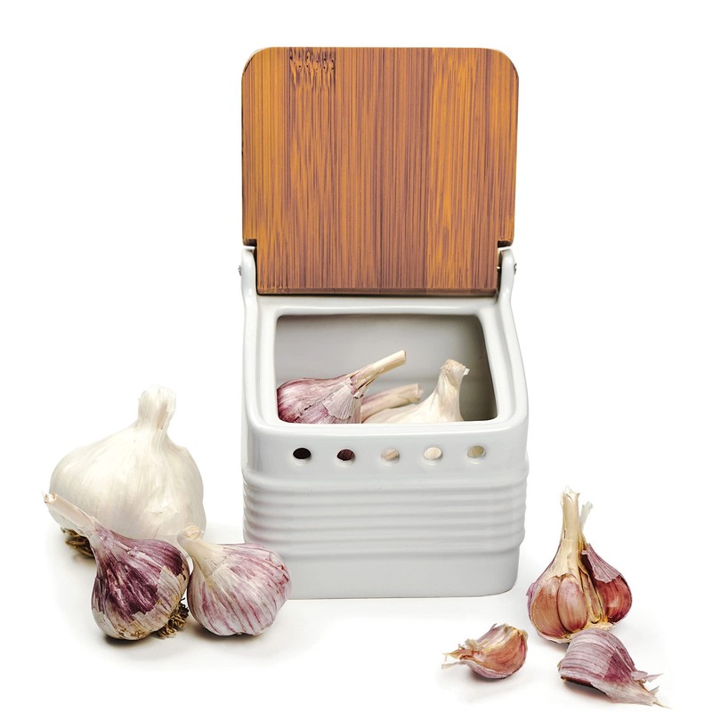 RSVP International White Stoneware Kitchen Collection, Stoneware Garlic Keeper, 4.5x4x4.5"