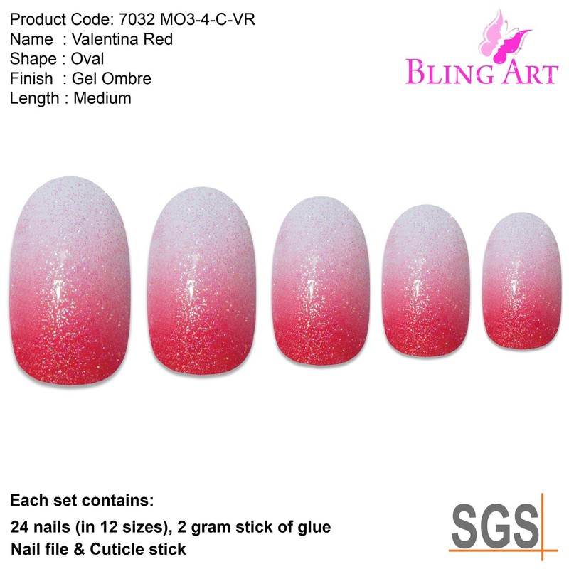 False Nails Bling Art Red Gel Ombre Oval 24 False