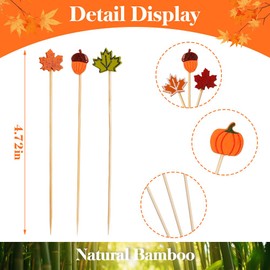 Fall Wooden Cocktail Picks - 100 Pcs Maple Leaves Pumpkins Acorns Fancy Toothpicks, 4.7 Inch Fruits, Desserts, Appetizers, Sandwich Skewers for Thanksgiving Decorations and Fall-Themed Party Supplies