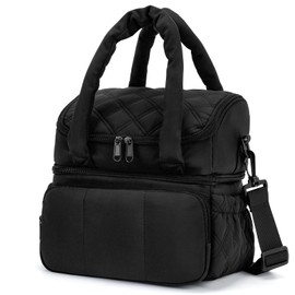 stillithou Double Deck Lunch Bag Insulated Leakproof, Quilted Puffer Lunch Bag Women Lightweight for Work Travel Beach Picnic, Large(Double Deck), Black