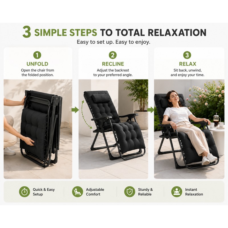 Black Reclining Lounge Chair for Relaxation - Plush Foldable Comfort