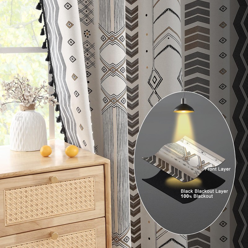 Colorbirtd 100% Blackout Boho Curtains 2 Panels 63 Inch Black