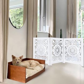 Lightnpro Wooden Dog Gate - Foldable Freestanding Pet Gate for Indoor Use, Adjustable Safety Barrier for Dogs, Puppies & Small Pets, Perfect for Stairs & Doorways - 24x54 Inch Antique White