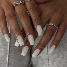 KQueenest Medium Long Press On Nails Coffin Nails Press Ons, Gloss Straight White Colored Long Fake Nails For Women, Solid Color Thick Gel Square Tip Nails Acrylic False Nails Set, 24 Pcs