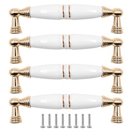 ZONADAH Set of 4 Cabinet Ceramics Handles, Hole Distance 128mm, White Ceramics Cabinet Pull Handles, Furniture Drawer Cabinet Copper Cup Drawer Handles for Cupboard Wardrobe Dressers