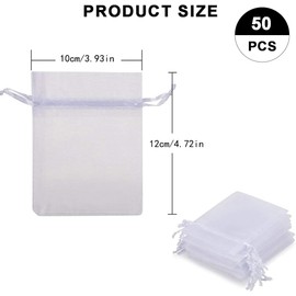 Organza Bags, 50 Pcs, Organza Gift Bag, Jewelry Bag, Gift Bag, Candy Bag, Lavender Bag, Wedding Candy Gift Bag, Perfect for Wedding, Festival Party, Christmas, Birthday, Anniversary, White, 10 x 12 cm