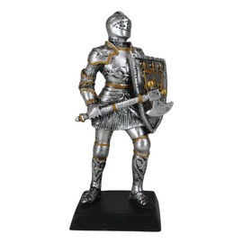 Ebros Gift Medieval Valiant Knight with Hand Axe and Heraldry Coat of Arms Shield Mini Figurine 4.25" Tall Suit of Armor Axeman Standing On Guard Age of Kings Dollhouse Miniature Decorative Sculpture