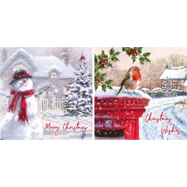 Pack of 12 Square Foil Christmas Cards - Snowman, Robin & Postbox with Glitter