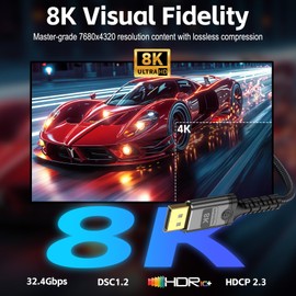 Herfair 8K DisplayPort-Kabel 1.4, DP Stecker auf Stecker, Draht 8K @ 60Hz, 4K @ 144Hz, 2K @ 240Hz HBR3 unterstützt 32,4 Gbit/s, HDR, HDCP 2.2, FreeSync G-Sync, geflochtener Display-Port für