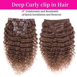 Fulang Hair Deep Curly Clip-In Real Hair Extensions, 50 cm, 8 Pieces, 120 g, Dark Brown Hairpieces, Real Hair Extensions, Clip-In Hair Extensions for Women