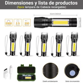 5PCS Linterna LED recargable, mini linterna LED, linterna de mano con luz lateral Cob, 5 modos de iluminación linterna para camping, senderismo, correr, uso de emergencia en cortes de energía