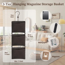 Wymulot 3 Tier Wall Mounted Magazine Rack, Magazine Basket with Hooks, Boho Storage Holder Books Basket for Newspaper, Remote Controls, Keys, Decorative Hanging Basket for Living Room, Bedroom (Brown)