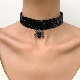 Atentuyi Punk Rock Wide Thick Black Velvet Necklace Silver Lace Choker Gothic Necklace Goth Spider Pendant Necklace Suede Choker Vintage Short Collar Necklace Jewelry for Women and Girls
