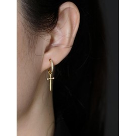 Solid 925 Sterling Silver Sword Hoop Earrings for Women, Trendy CZ Dagger Drop Earrings Jewelry Gift for Her, 14K Gold Plated