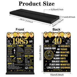 Guiruiy Black Gold 40th Birthday Decorations Gifts for Men Women, Two-Sided Vintage 40 Back in 1985 Theme Poster Wooden Table Sign with Stand, Forty Years Old Bday Centerpieces Holder for Table Decor
