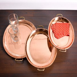 Old Dutch Hammered Copper Oval Trays with Cast Brass Handles, Set of 3