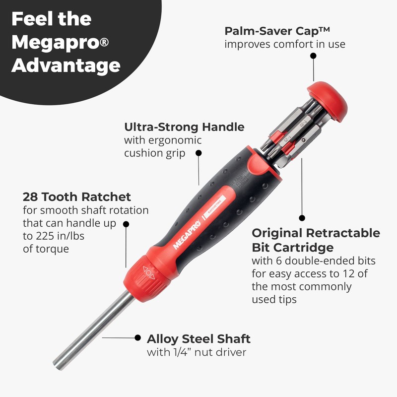 MEGAPRO® Original Ratcheting Multi-Bit Screwdriver with ¼” Hex Shaft |