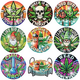 8 Pcs Gnome Leaf Diamond Art Coasters Kits with Holder, Weed Buds Diamond Painting Coasters Kits for Adults, DIY 5D Diamond Dots Small Mini Kit Full Drill Art Craft Supplies 4X4 Inch