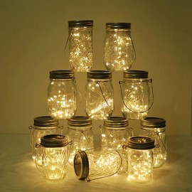Decorman Solar Mason Jar Lights, 12 Pack 30 LED Fairy Star Firefly String Lids Lights with 12 Hangers for Patio Yard Garden Party Wedding Christmas Decoration(Jars Not Included)