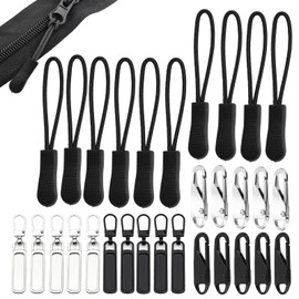 30 Piece Zip Pendant Set, Nylon Zip with 10 Spring Clasps, 10 Zip Pendants, Zip for Zip, Black Zip Pulls for Backpacks, Jackets, Luggage