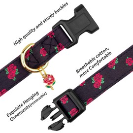 Cotton Handmade Dog Collar Cute and Distinctive Patterns Black Rose with Pendant for Girl Boy Dogs Collars S