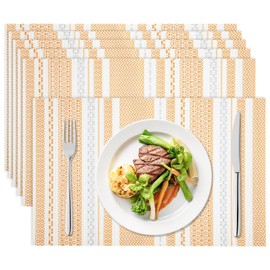 Punkspace - Juego de 6 manteles individuales de vinilo tejidos para mesa de comedor, resistentes al calor, lavable, fácil de limpiar, naranja-blanco