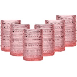 JOVGANK Pink Vintage Hobnail Drinking Glasses Set of 6, Embossed Water Tumbler 15oz, Kitchen & Bar Beaded Highball Glasses, Beverage Glass Cups for Water, Beer, Juice, Cocktail Glassware, Pink