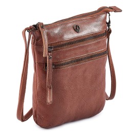 Cochoa Small Triple Zip Real Leather Women's Crossbody- Premium Vintage Crossover Shoulder Sling Bag (Cognac)