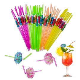 100 Colorful Plastic Cocktail Umbrella Straws, Tropical Hawaiian Banquet Party Supplies, Pool Party, Beach Theme Drinks, Bright Color Mixes for Smoothies, Juices and Fun Drinks