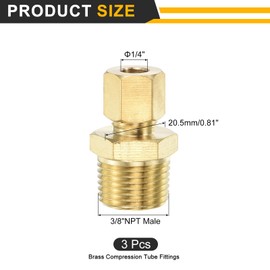 sourcing map 3Pcs Brass Compression Tube Fitting, 1/4" Tube OD x 3/8" NPT Male Connector Straight Coupling Adapter Union Fittings