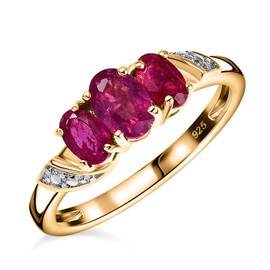 TJC Three Stone Ring for Women in 14ct Gold Plated 925 Sterling Silver Size S Prongs Setting Forever Together Gemstone Red Gemstone July Birthstone Metal Wt. 2.54 Grams