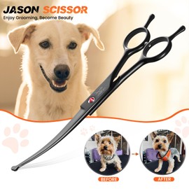 JASON 7.5" Dog Grooming Shear - Professional Up-curved Scissor with Round Tips Japanese Stainless Steel Hair Scissor for Dogs, Cats and Other Pets (Curved with Round Tips, Black)