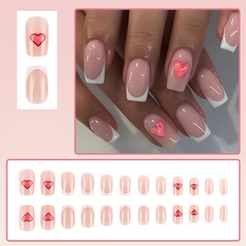 24 Pcs French Nude Press on Nails Short Square for Women - YIHONGYAN Fake Nails Press ons Nail Tips Acrylic Nail Art Kit Glue on Nails Full Cover Pink Heart Design Nail Supplies