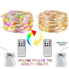 Ariceleo 1 Pack Warm White & Multi-Color Battery Operated String Lights, 5M/16.4ft. 50 LEDs Remote Control Timer 12 Modes Optional Twinkle Battery Powered Fairy Lights Sliver Wire Firefly Lights
