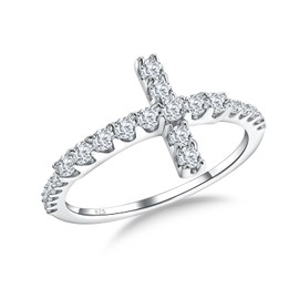 RANDES Cubic Zirconia Cross Rings for Women 925 Sterling Silver Created Diamond Religious Christian Sideways Cross Ring Size 9