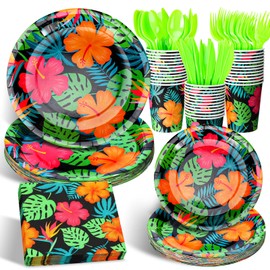 Havawish 168 Pcs Tropical Nights Hawaiian Aloha Party Supplies 7 Inch 9 Inch Disposable Luau Paper Plates Cups Napkins Knife Fork Spoon Serve 24 Guests for Summer Beach Pool Dinnerware Decorations