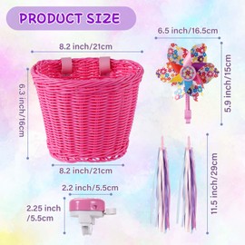 Kids Bike Basket, Bike Basket Front Bike Accessories for Girl Boys, Woven Bicycle Basket with Stickers, Bike Bell, Windmill, and 1pairs Pink Tassels