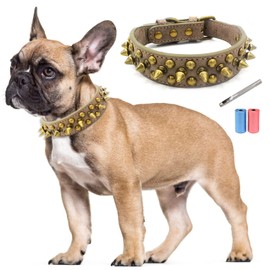 TVMALL Leather Dog Collar Bite Resistant with Mushroom Rivets Adjustable Training Collar for Small, Medium Dogs, Pets Outdoor Collars - Free Leather Hole Punch and Bin Bags (Grey, M)